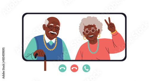 Joyful senior African American man and woman on a video call screen laughing and waving representing digital connection with family.