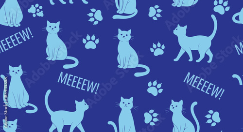 Seamless vector pattern featuring light blue cat silhouettes and paw prints with text meeeew on a dark blue background for pet lovers.
