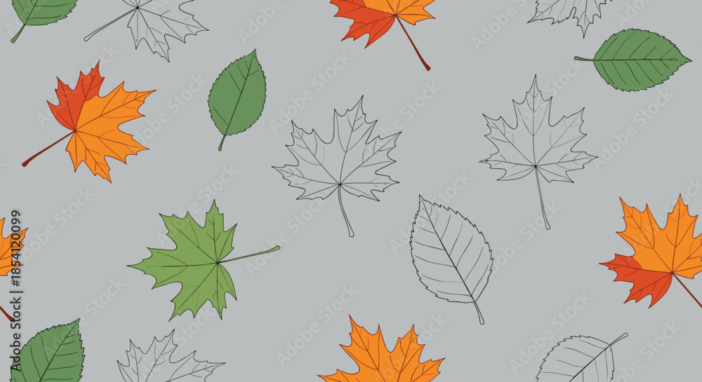 Obraz premium Seamless autumn pattern showing a variety of colorful maple and birch leaves on a neutral gray background for seasonal design.
