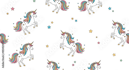 Magical seamless pattern with white unicorns having rainbow manes and tails with colorful stars on a plain white background.