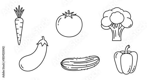 Collection of vegetable line art icons including a carrot, tomato, broccoli, eggplant, cucumber, and bell pepper for coloring.