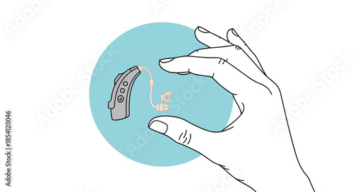 Close-up illustration of a hand holding a tiny digital hearing aid device with a light teal circle in the background.