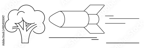 Simplified tree design next to a fast-moving rocket with motion lines. Ideal for innovation, sustainability, progress, technology, energy, environment, simple flat metaphor