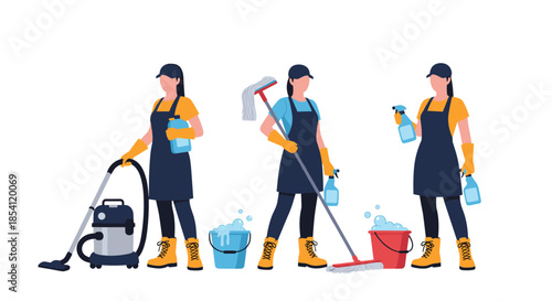 Three professional cleaning service women in uniforms holding various equipment like vacuum cleaners, mops, and spray bottles.