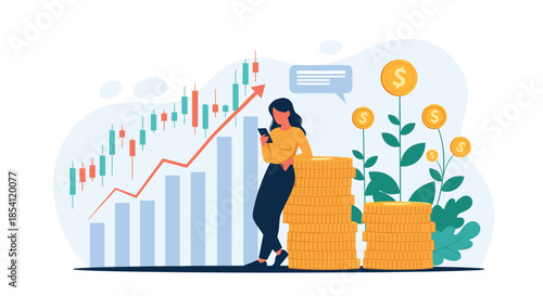 Young woman checking her mobile phone while leaning on a stack of gold coins with a financial growth chart behind.