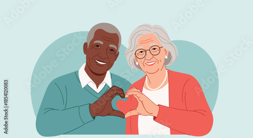 Happy elderly interracial couple smiling and making a heart shape with their hands against a soft blue circular backdrop.