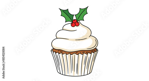 Festive Christmas cupcake with thick white frosting topped with a traditional green holly leaf and three red berries.