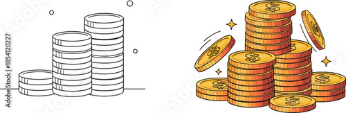 Coin stacks in black and gold, financial growth contrast, money value concept, wealth accumulation, economic prosperity, investment rise, currency illustration