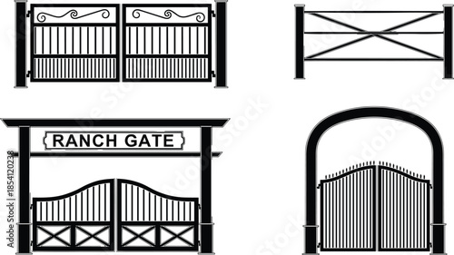 Metal ranch gate and fence silhouettes set, decorative entrance barrier designs, black iron farm gate vector illustration collection