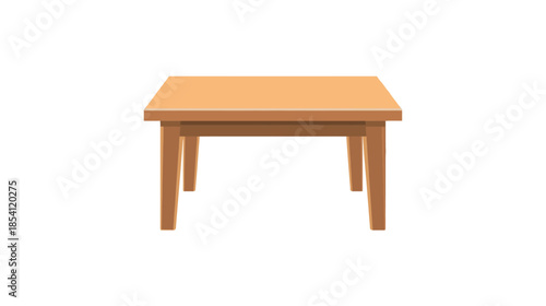 A simple wooden table viewed from the front against a plain white background