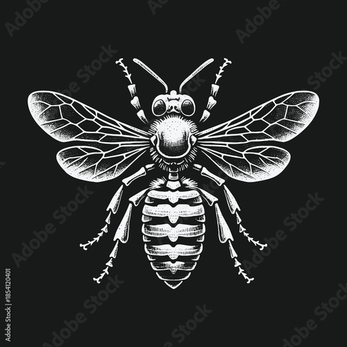 Monochrome vintage engraving style illustration of a bee on a dark background.