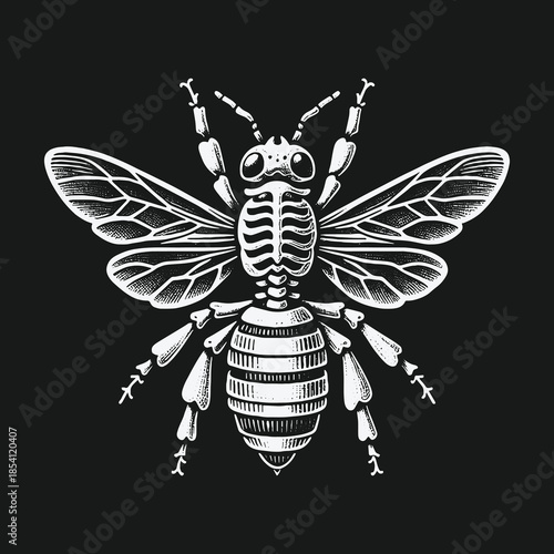 Intricate skeletal bee illustration in a vintage engraving style.