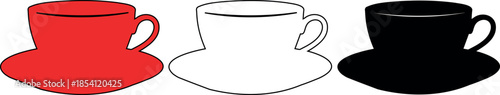Cup and saucer with handle set red black outline vintage vector illustration