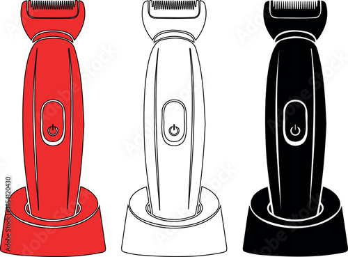 Set of three electric trimmers in different styles red black and outline drawing