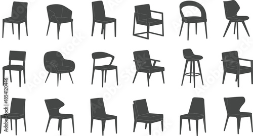 Modern chair silhouette collection, contemporary furniture seating designs, dining lounge bar chairs set, black vector illustration icons, interior design elements