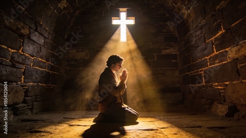 십자가빛을받으며기도하는사람