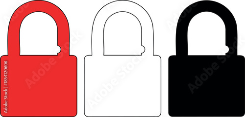 Set of three padlocks in red, white outline and black on transparent background
