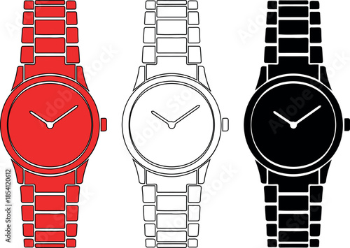 Set of three wristwatches in red, white outline and black on transparent background