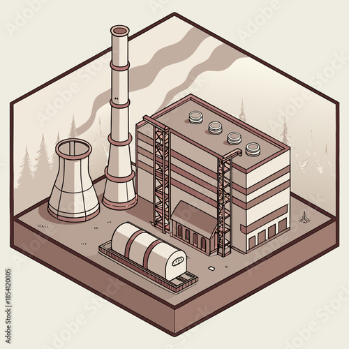 Isometric industrial pollution with smokestacks and factory