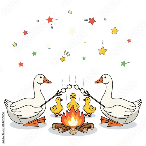Two white geese roasting marshmallows over campfire with three little yellow ducklings