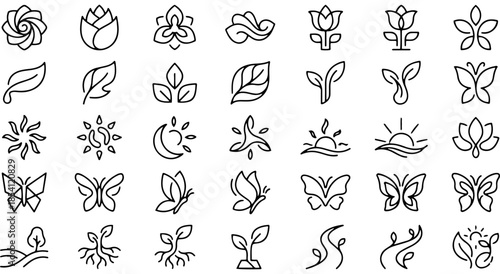 Collection of nature-themed line art icons for design Vector