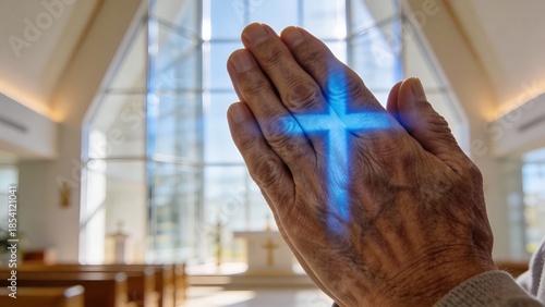 파란십자가빛과노인의기도하는손