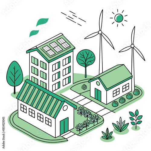 Eco village with wind turbines and solar panels on buildings