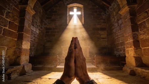 십자가빛을받으며기도하는신실한손