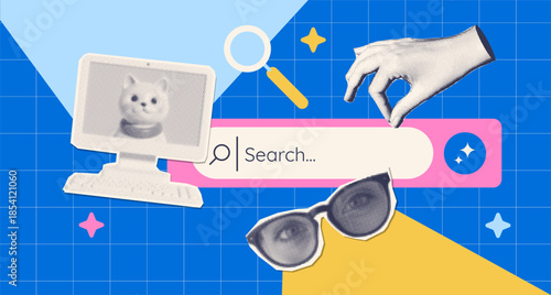 Trendy pop art search concept banner template. Halftone personal computer monitor with search bar, Cut out hand and eyeglasses. Modern retro textured vector illustration for mixed media design.
