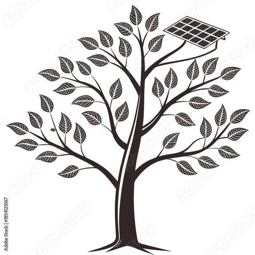 Tree made of metal branches with solar panel on white background