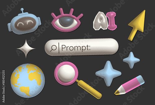 AI searching sticker set in retro paper halftone collage style. Robot mascot, loupe icon, globe , search screen and interface symbols for digital tools, neural network visuals vector illustration.