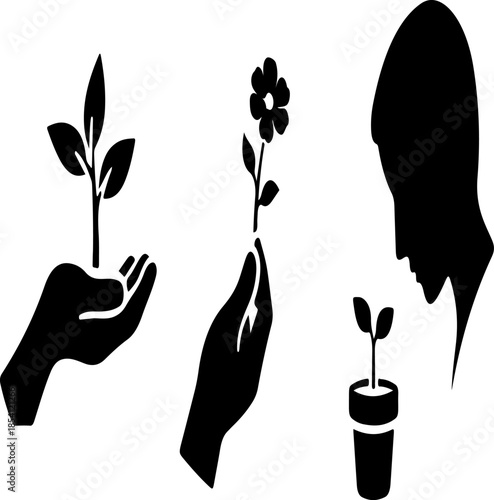 growing plant in hand and sprout in pot being observed by person simple silhouette concept illustrations
