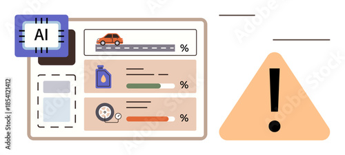 AI system monitoring car data, displaying fuel, tire pressure, and maintenance needs with exclamation alert. Ideal for technology, automotive, data analysis, efficiency, AI safety diagnostics