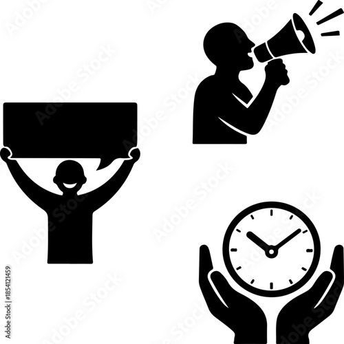 Person holding blank speech bubble for message, megaphone for announcement, person working on laptop lying down, hands holding clock representing time management and deadline