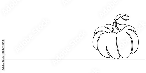 Continuous one line drawing of a pumpkin vegetable with a curved stem minimalist art style.
