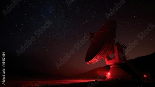 A large radio telescope dish illuminated in red, set against a starry night sky in a desert landscape. Concept Red-lit radio telescope, Desert night sky, Star-filled horizon