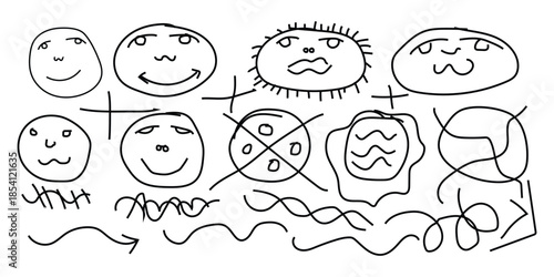 A collection of hand drawn smiley faces with various emotions and expressions