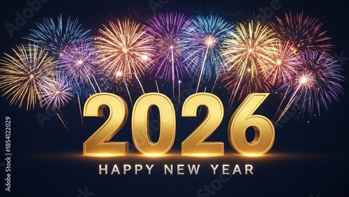 Elegant 2026 golden numbers with symmetrical fireworks on dark sky