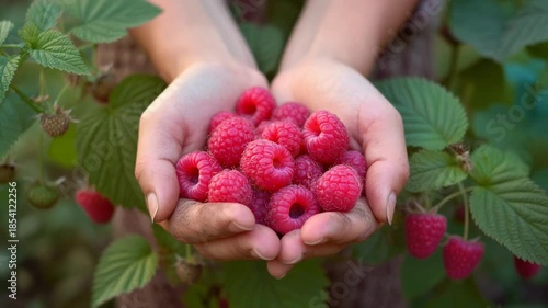 Hands Holding Fresh Raspberries in Garden.