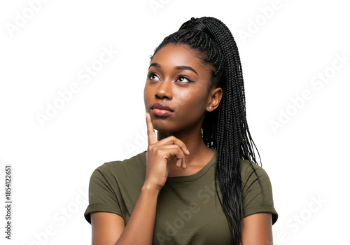 Young black woman with long dark braided hair pondering a thoughtful expression transparent background