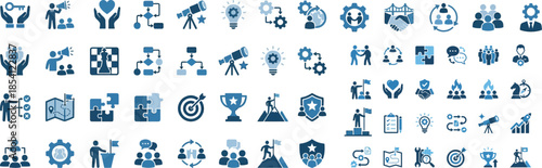Collection of business strategy icons featuring concepts like teamwork goals achievement organization process and leadership development for professional use