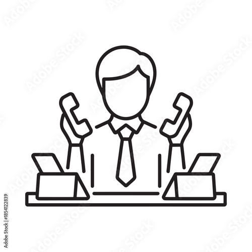 Busy businessman overwhelmed with multiple phone calls and paperwork at desk