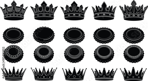Royal crown silhouettes and ornamental badge frames collection, black vintage heraldic symbols, luxury emblem vector set for design projects