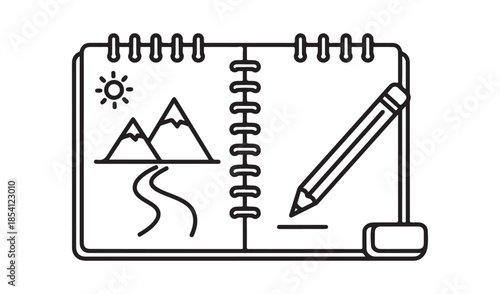 Open spiral sketchbook with a pencil and landscape drawing representing creativity art education and design
