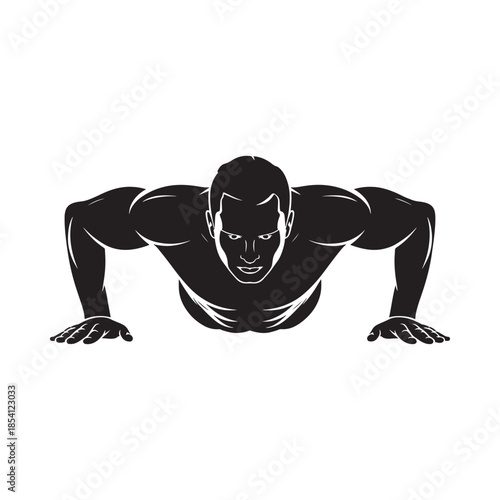 Silhouette of a muscular man doing a push up exercise in black and white