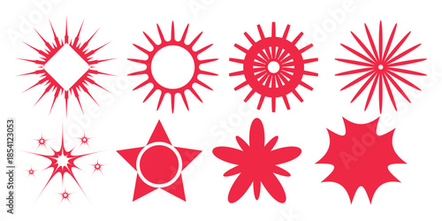 Collection of seven red abstract sunburst shapes with various designs