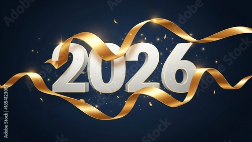 White 3D 2026 numbers wrapped in luxury golden ribbon on dark blue