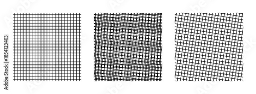 Moiré pattern created by superimposing two grids. Grid with vertical and horizontal lines on the left, rotated 9 degrees on the right, both grids put together in the center, creating a Moiré pattern.