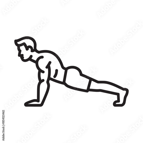 A simple line drawing of a man performing a plank exercise