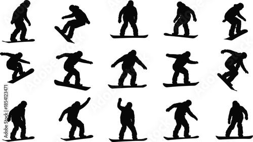 Snowboarder action silhouettes set, winter extreme sports poses, black snowboard trick collection, isolated athlete vector illustration design elements for branding